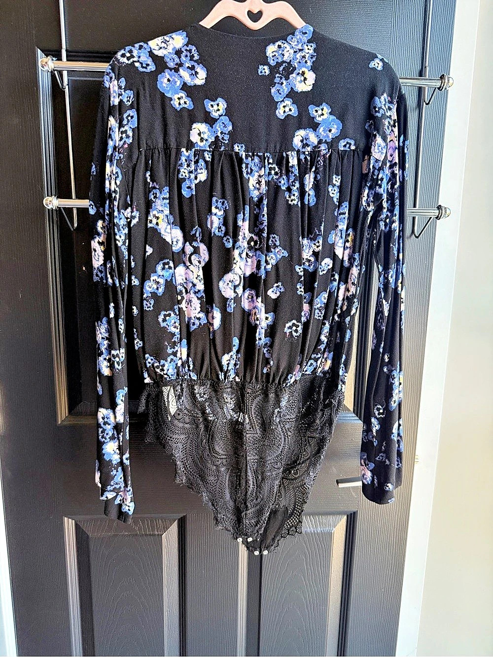 Free People Light Year Bodysuit Floral Lace Black & Blue